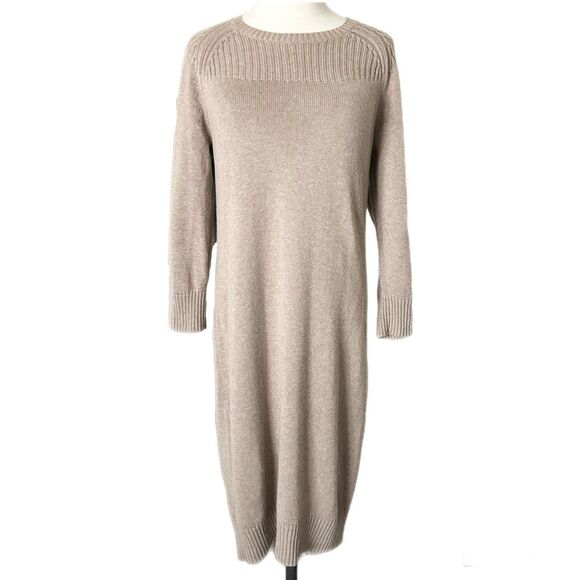 Garnet Hill Cashmere & Cotton Rib-Detail Sweater Dress Tan Size Medium - Picture 2 of 6